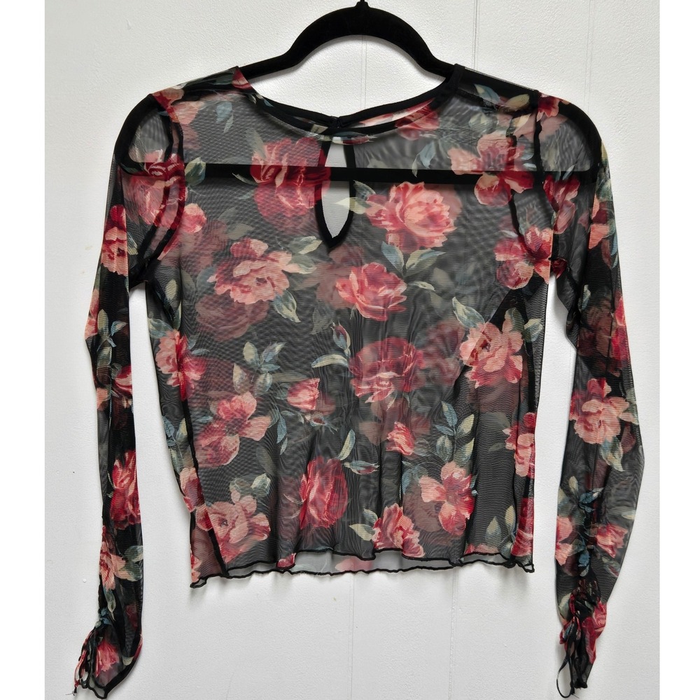 Floral Sheer Mesh Long Sleeve Top Black Red Rose Lettuce Edge Ruched Cuffs L‎
